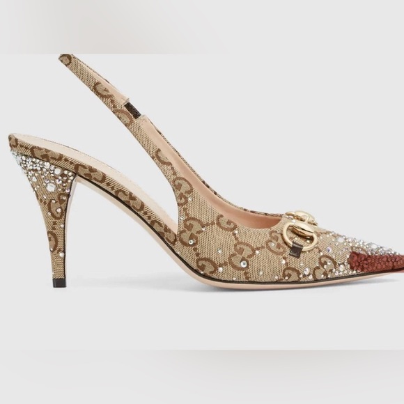 Gucci Beige Slingback Heels with Crystal Accents - Picture 2 of 9